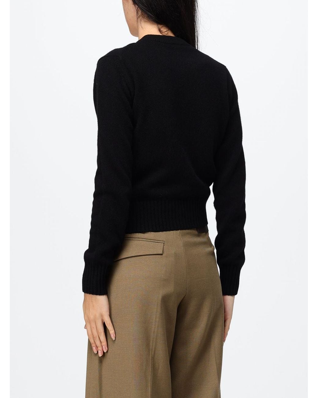 AMI Black Crewneck Cashmere Cardigan With Ribbed Trims