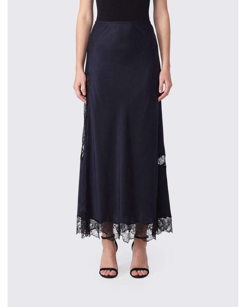Isabel Marant Blue A-Line Silk Midi Skirt With Embroidered Lace Inserts
