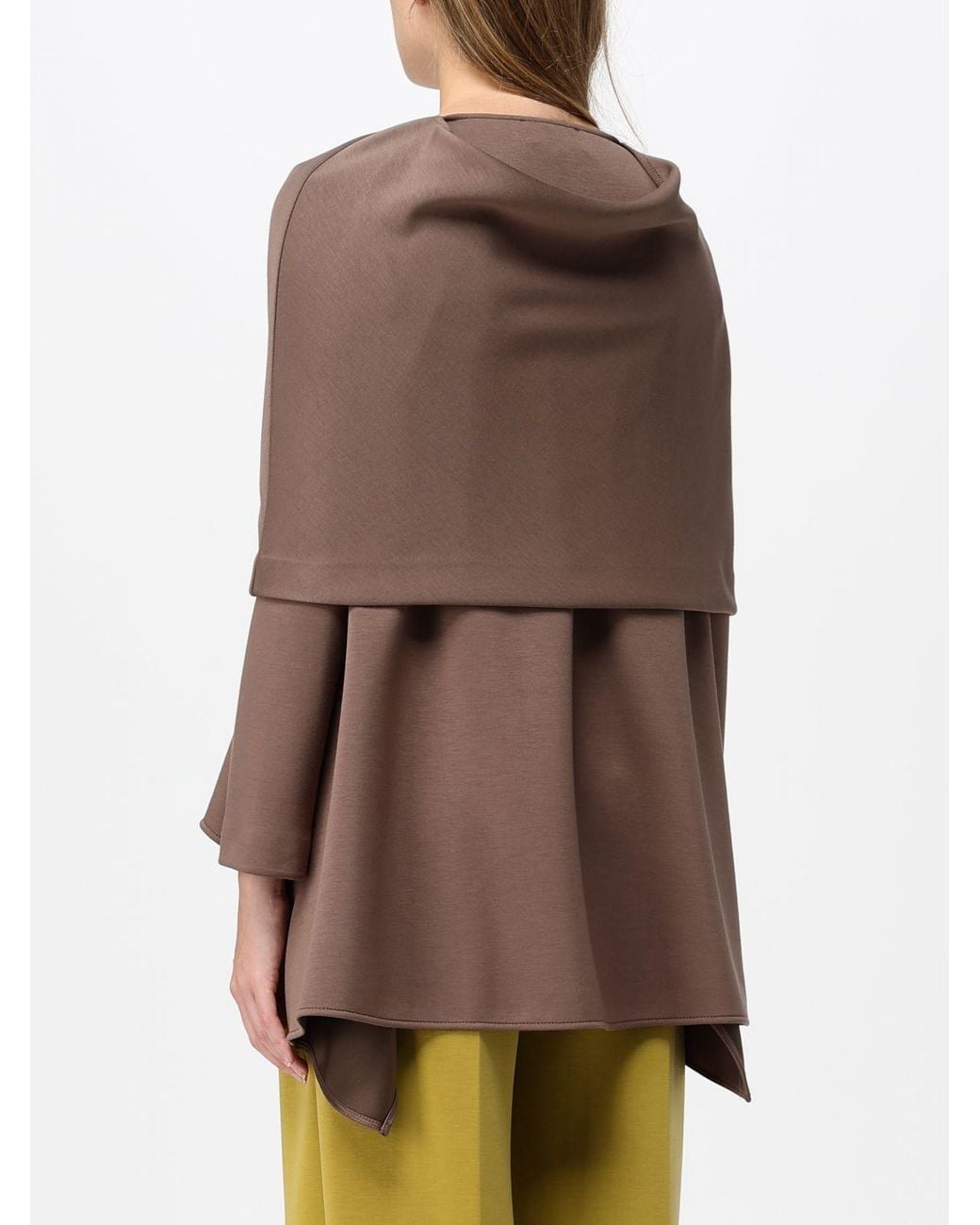 MEIMEIJ Brown Long-Sleeved Crêpe Blouse With A Crew Neck And Asymmetric Hem