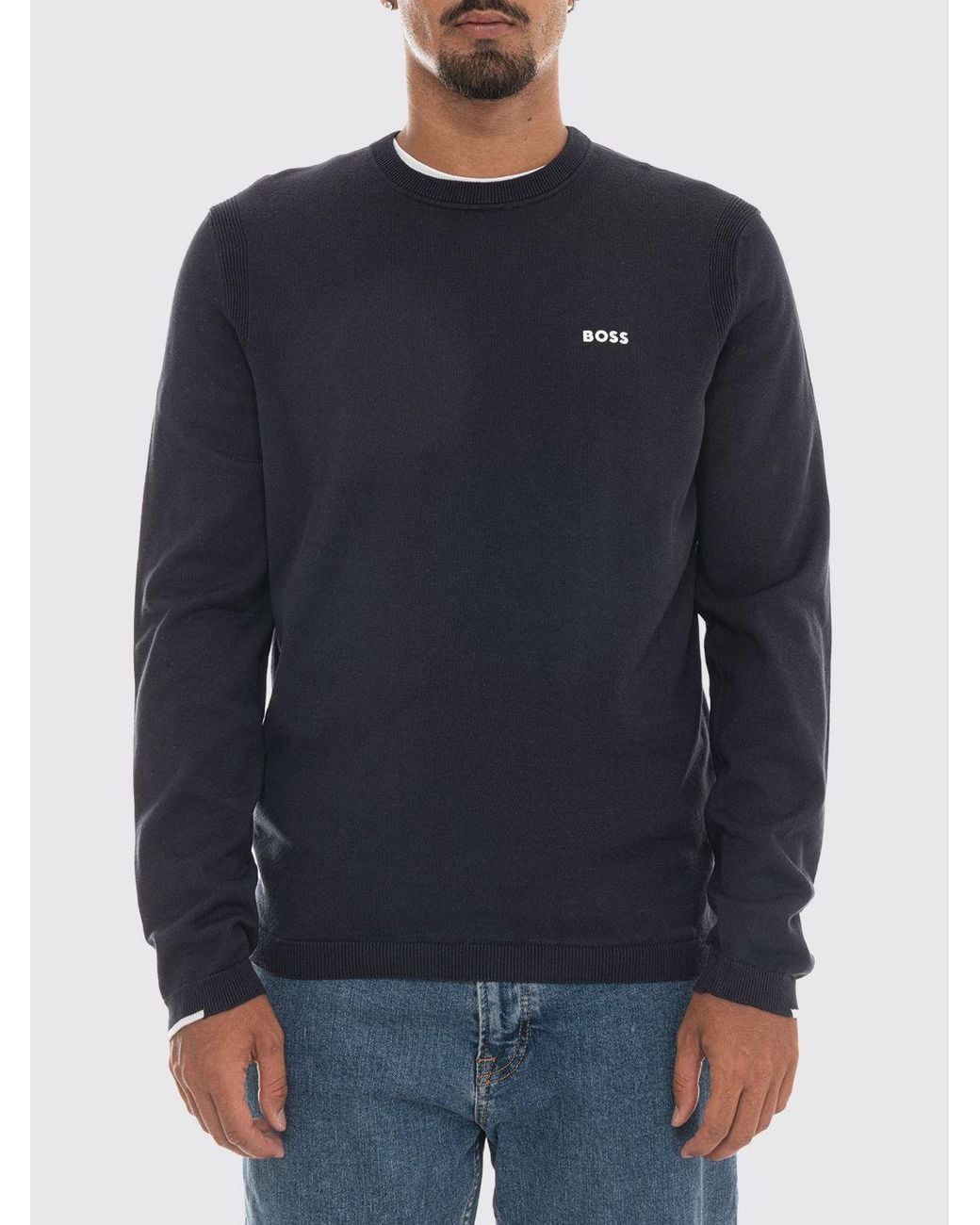 Boss Blue Slim Fit Cotton Crew-Neck Jumper With Contrasting Logo for men