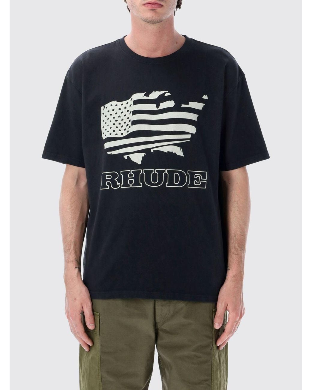 Rhude Blue Crewneck Cotton T-Shirt With Graphic Print And Contrast Logo for men