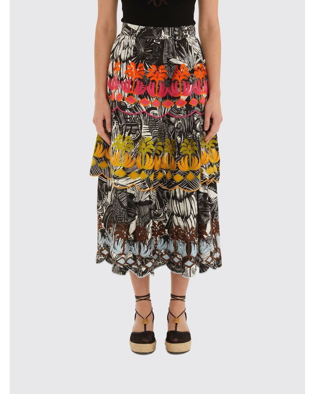Farm Rio Multicolor High-Waist Tropical Print Embroidered Cotton Midi Skirt