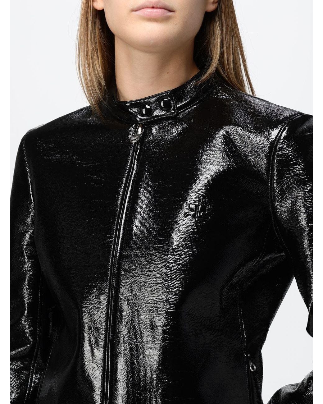 Courreges Black CourrÈ Ges Faux Leather Biker Jacket With High Neck And Zip Closure