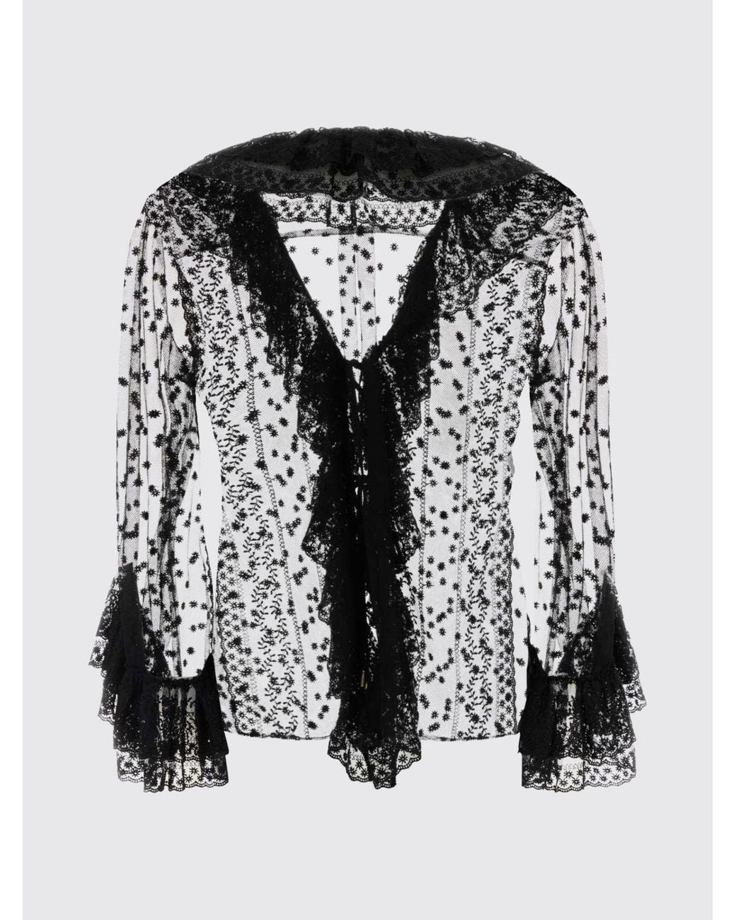 Alberta Ferretti Black Lace Blouse With V-Neck And Ruffle Details