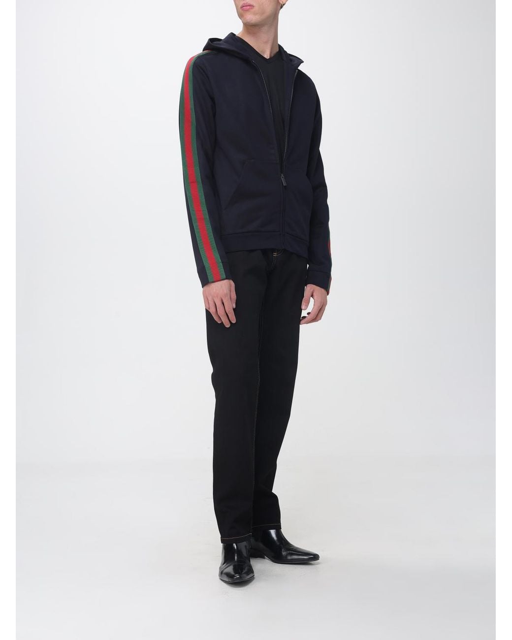 Gucci Blue Silk Zip-Up Hoodie With Striped Web Detail for men