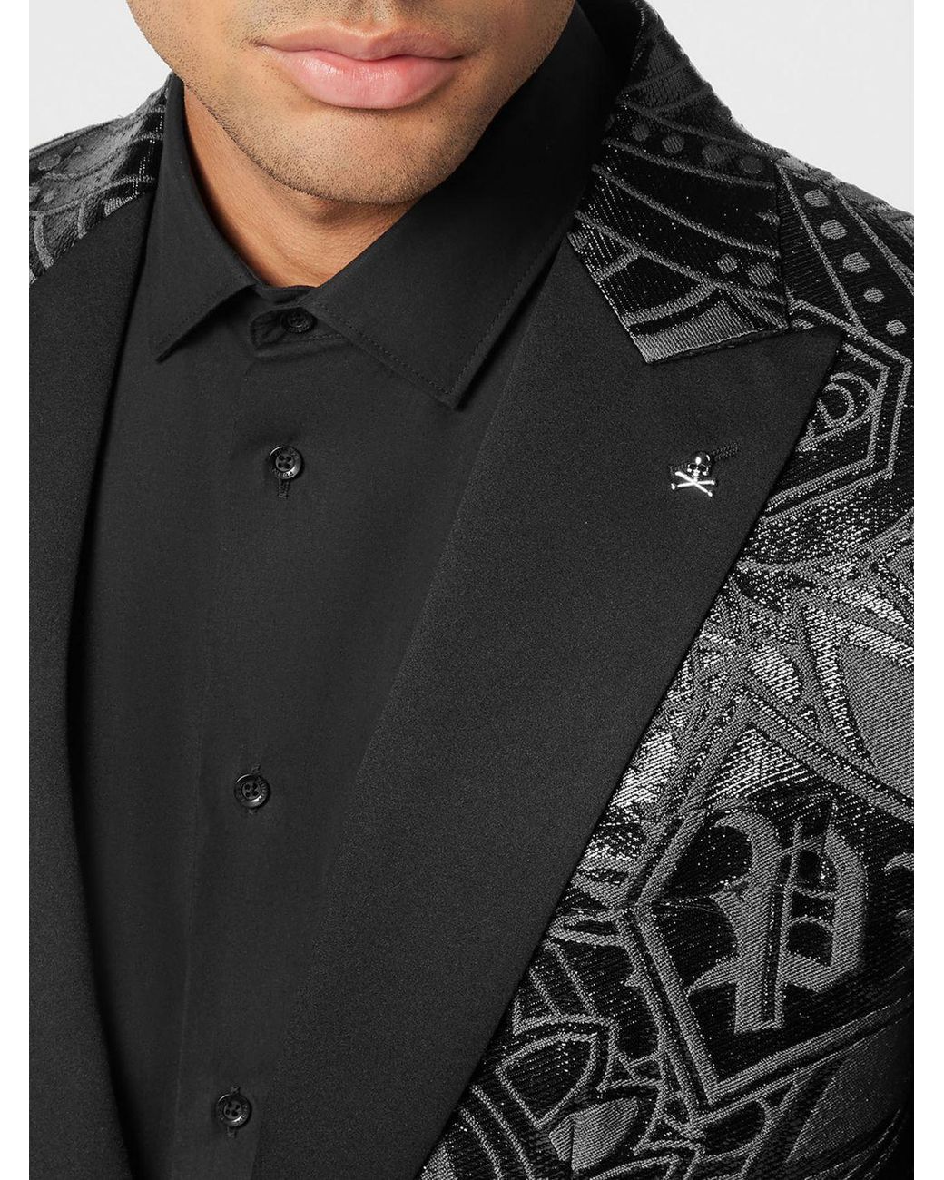 Philipp Plein Black Single-Breasted Blazer With Crystal Monogram And Peak Lapels for men