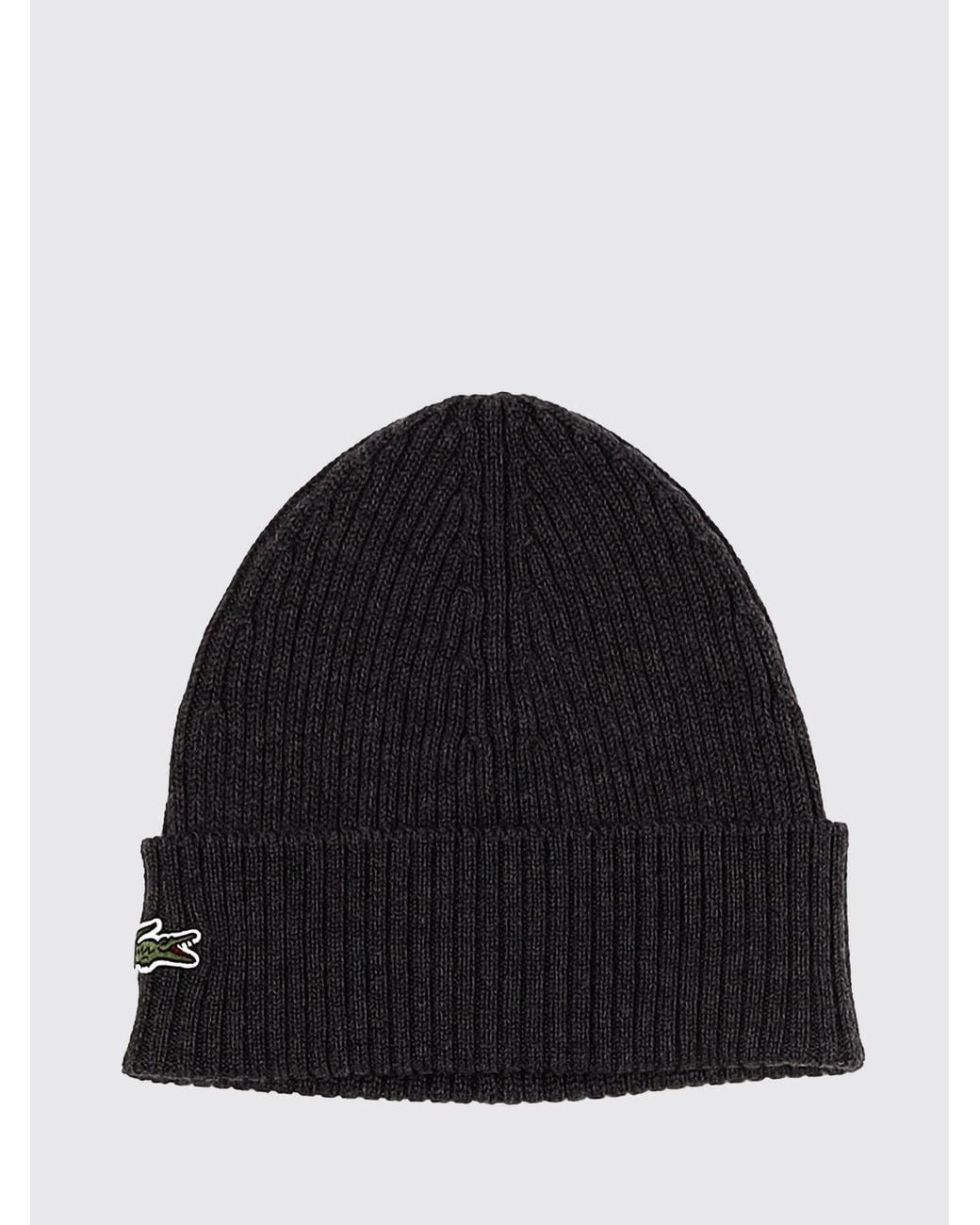 Lacoste Black Pure Wool Beanie With Cuffed Hem And Embroidered Crocodile Logo for men