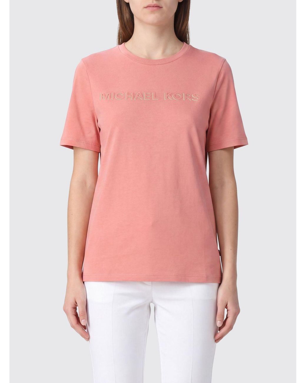 Michael Kors Pink Cotton Crewneck T-Shirt With Contrasting Front Logo