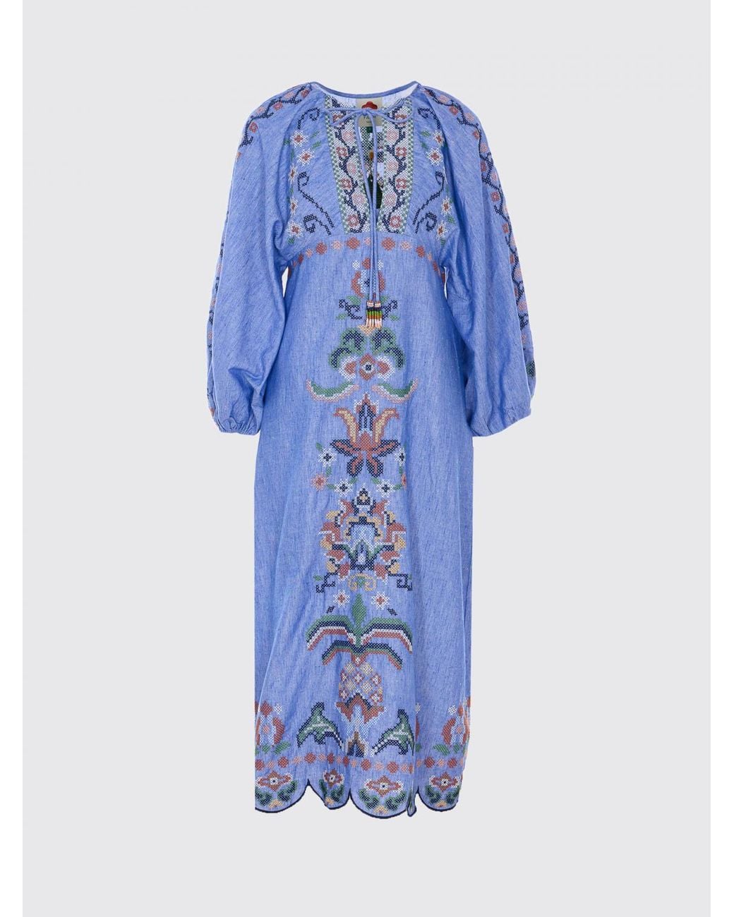 Farm Rio Blue Garden Tapestry Linen Dress With Embroidery