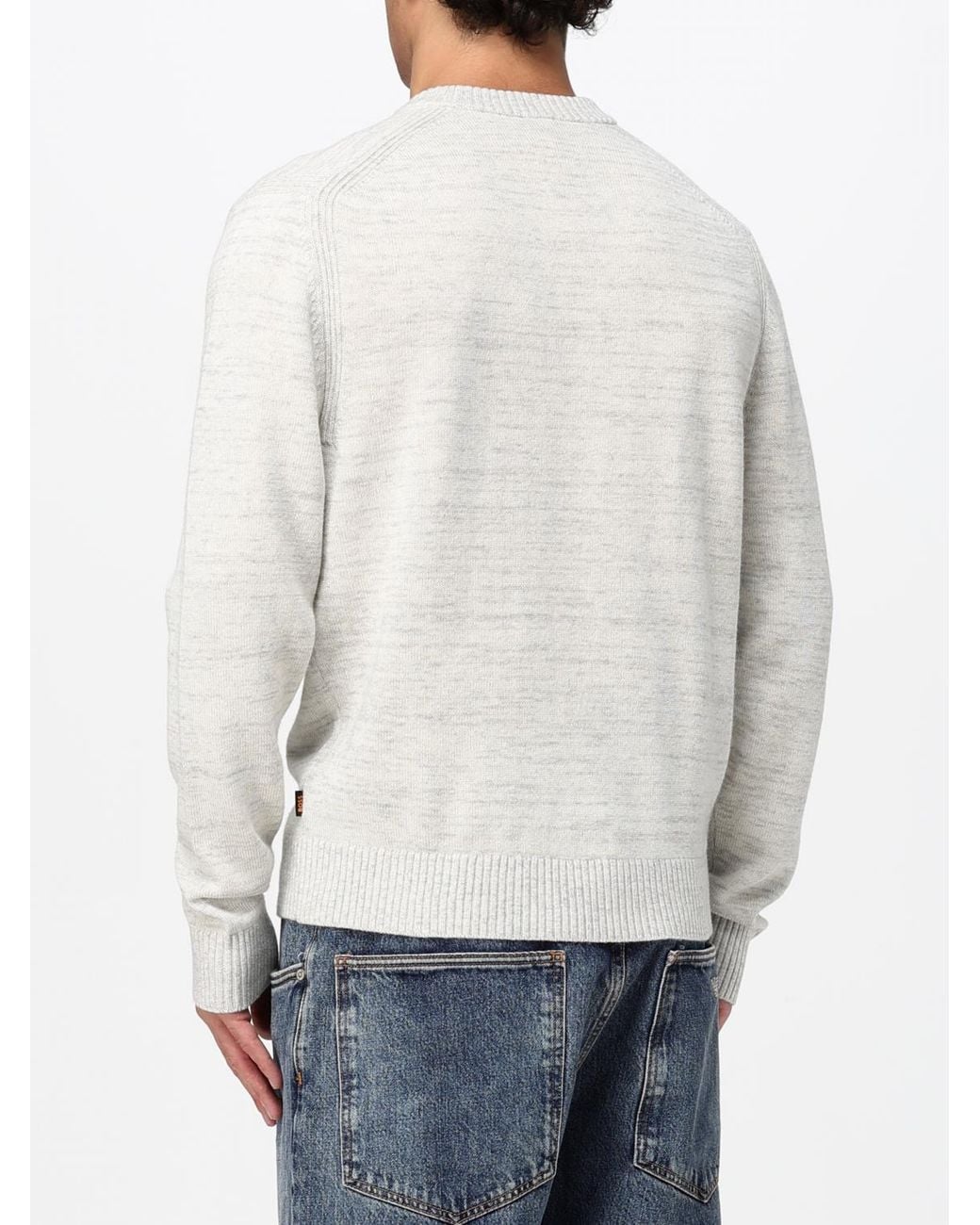 Boss White Abstract Pattern Virgin Wool Crew-Neck Jumper With Ribbed Trims for men