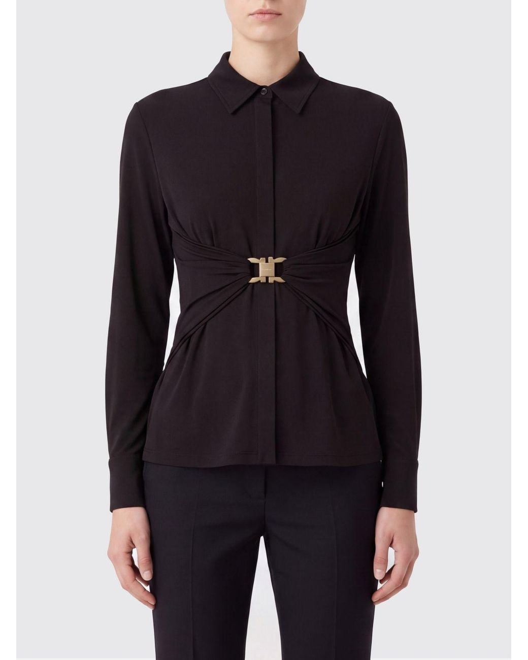 Ferragamo Blue Slim Fit Stretch-Viscose Shirt With Ruched Waist And Gancini Logo