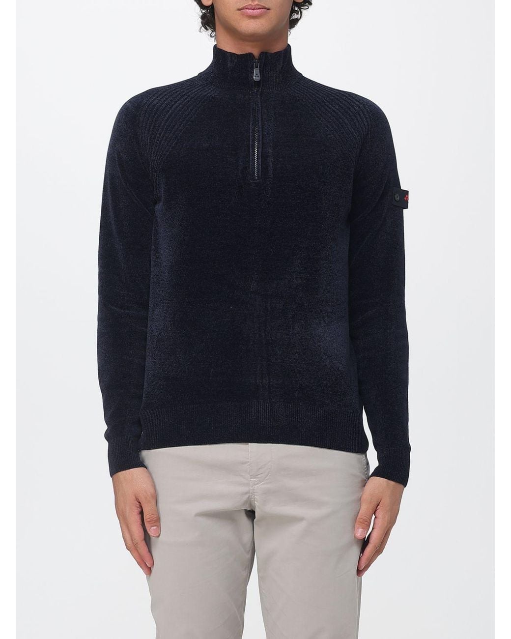 Peuterey Blue Chenille Velvet Turtleneck Jumper With Half-Zip And Dropped Shoulders for men