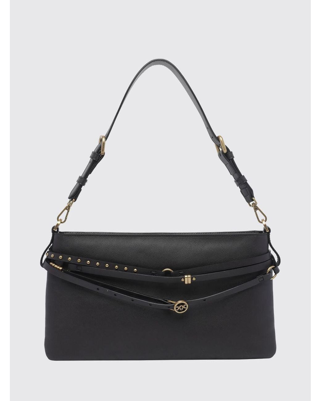 Pinko Black Belt Bag Embroidered Leather Shoulder Bag With Studs And Love Birds Logo