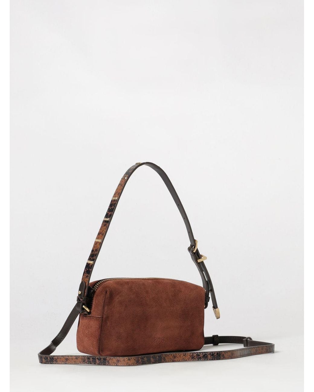 Pinko Brown Boston Suede Mini Shoulder Bag With Love Birds Logo