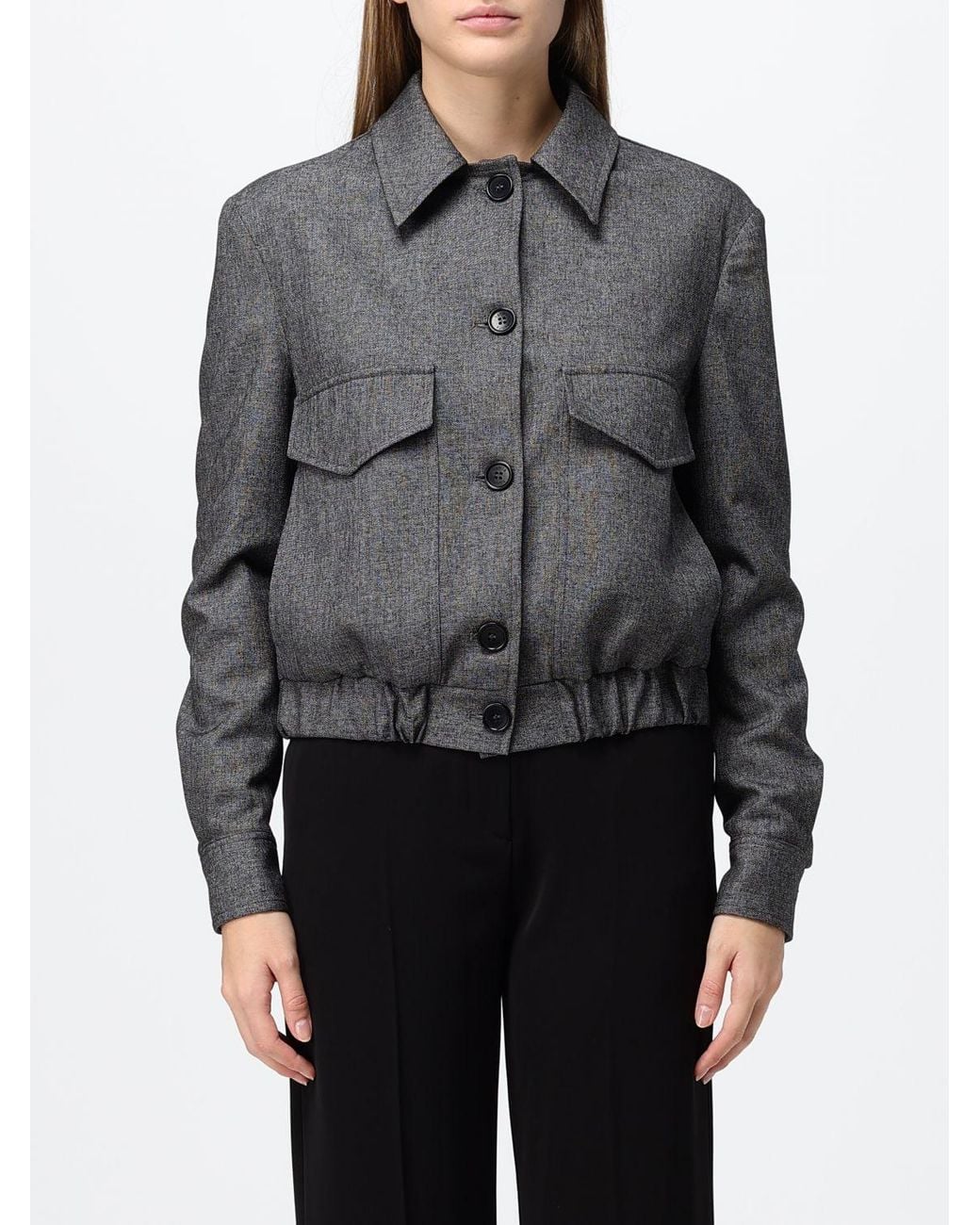 Hanita Gray Rayon Bomber Jacket With Classic Collar