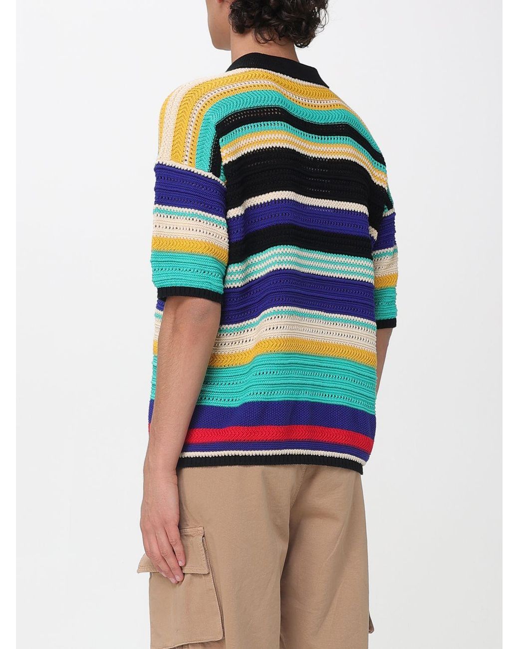 Laneus Blue Striped Interwoven Cotton Knit Polo Shirt for men