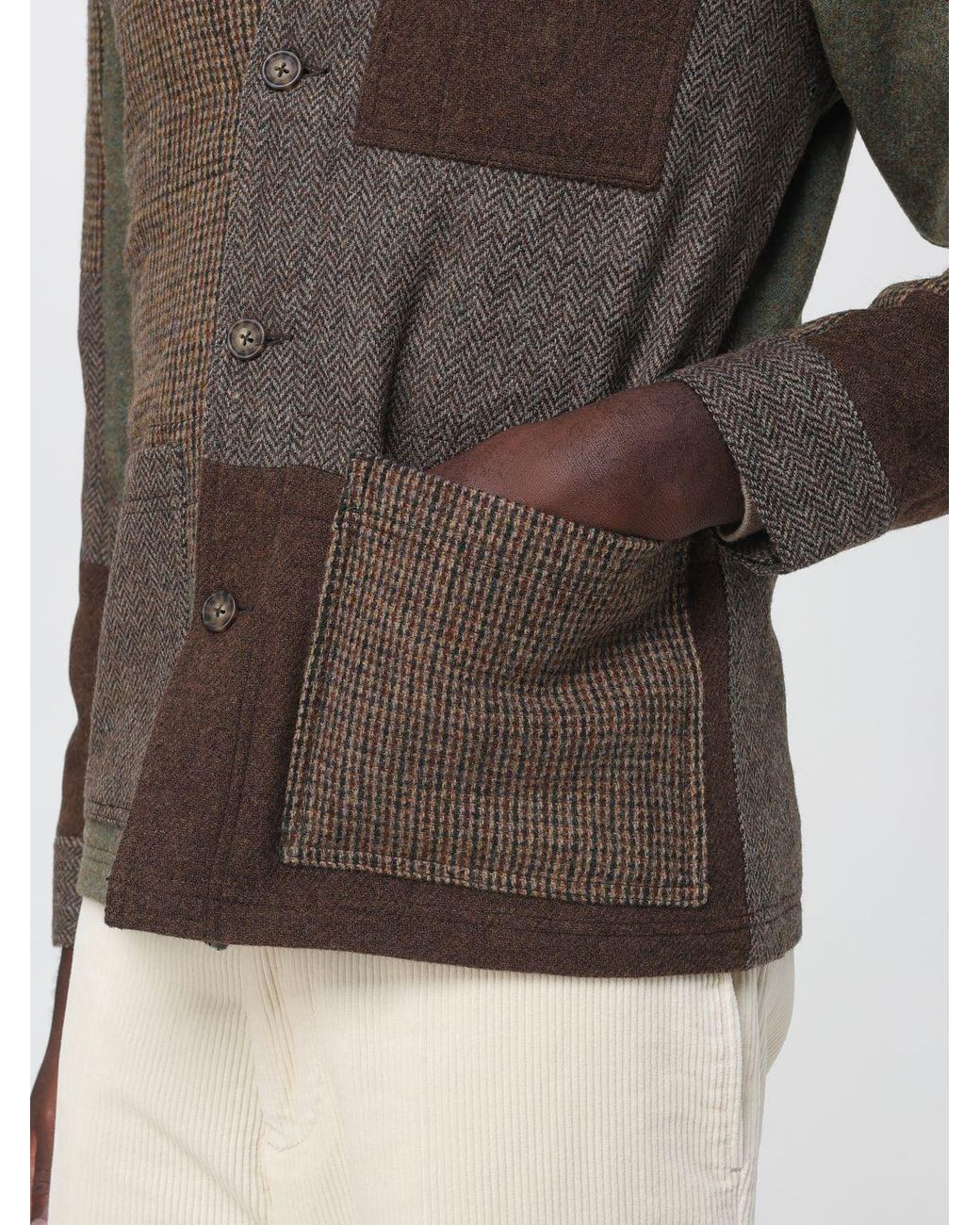 Sebago Brown Patchwork Wool Shirt Jacket With Velvet Collar for men