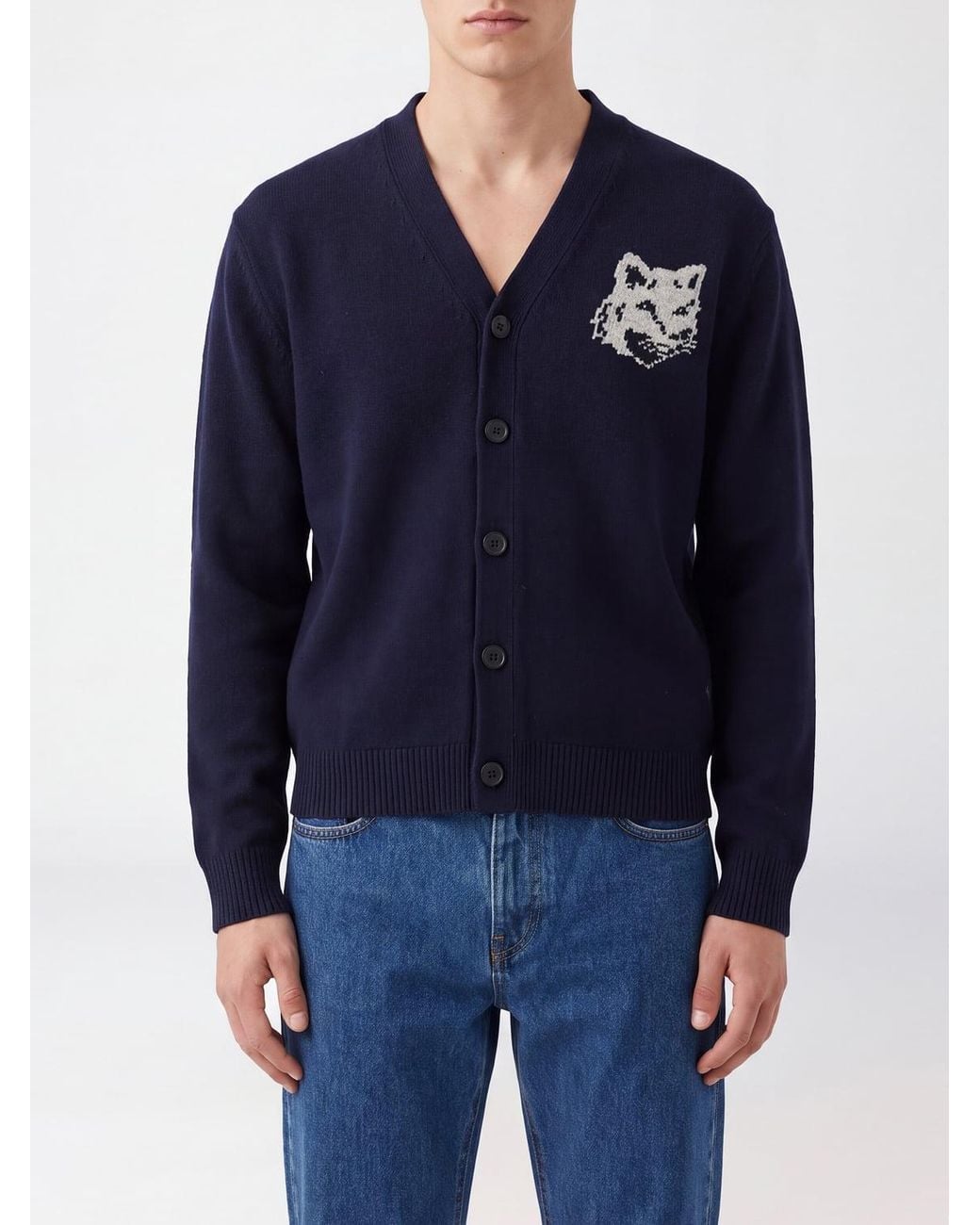 Maison Kitsuné Blue Maison KitsunÉ Merino Wool V-Neck Cardigan With Chillax Fox Logo Patch for men