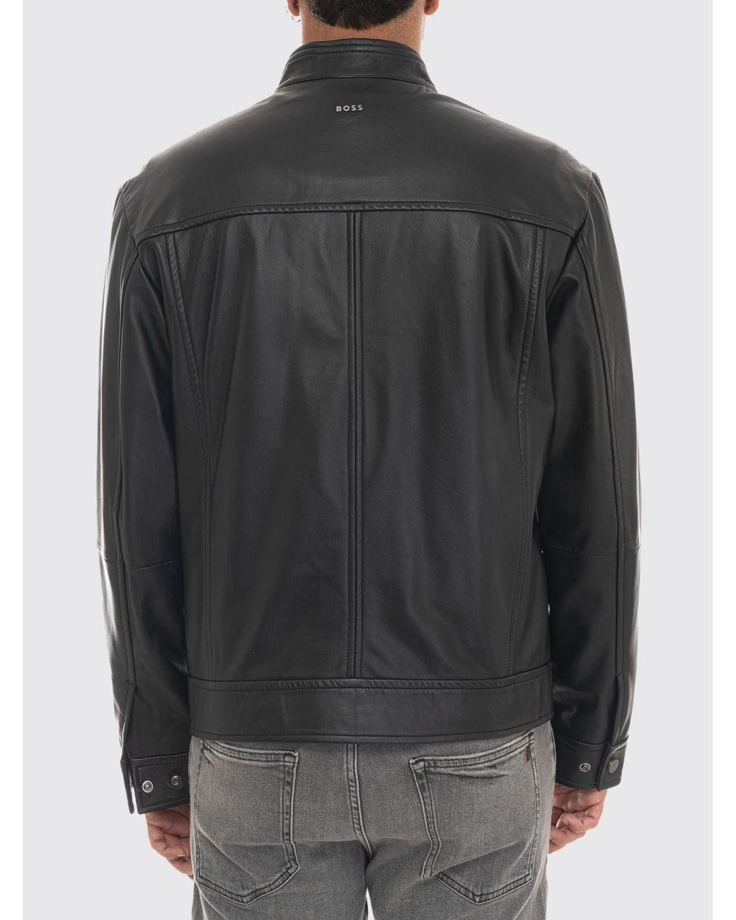 Boss Black Joslay Leather Biker Jacket With High Collar And Zipped Pockets for men