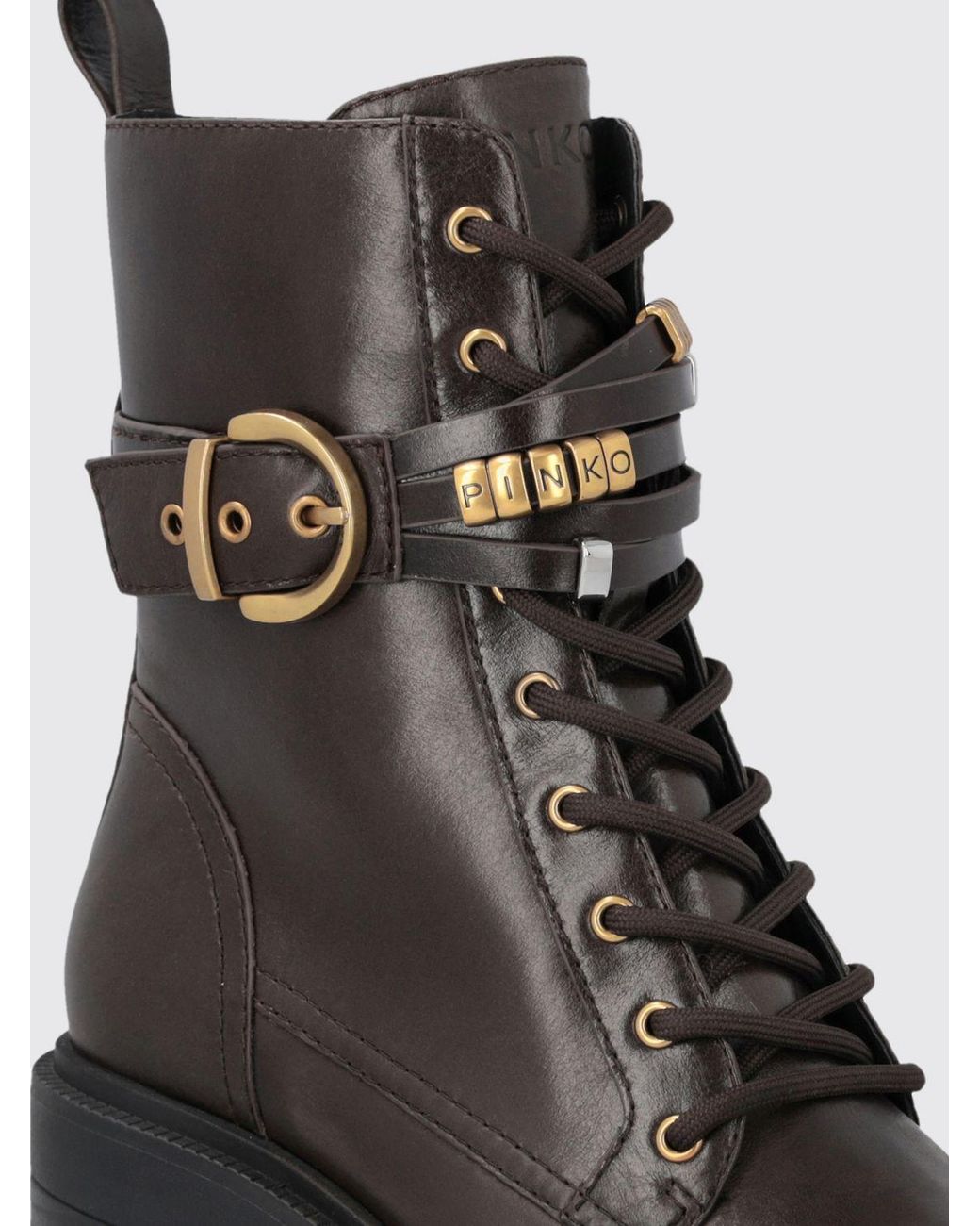 Pinko Brown Altea Leather Combat Boots With Lug Sole And Medium Heel