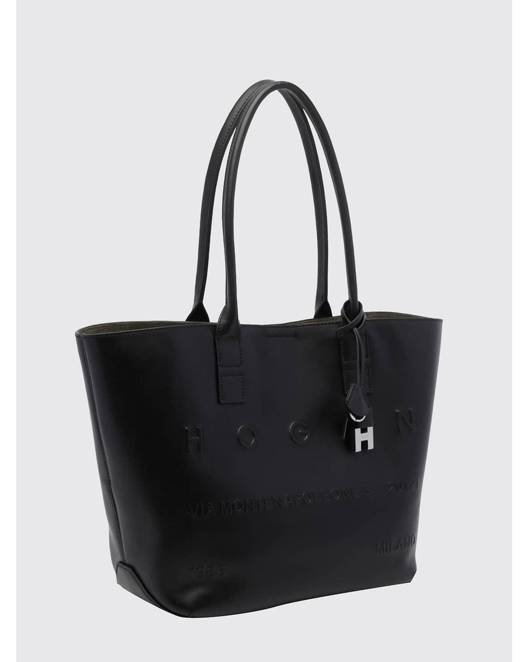 Hogan Black Address Small Calf Leather Tote Bag With Embossed Logo And Removable Pouch
