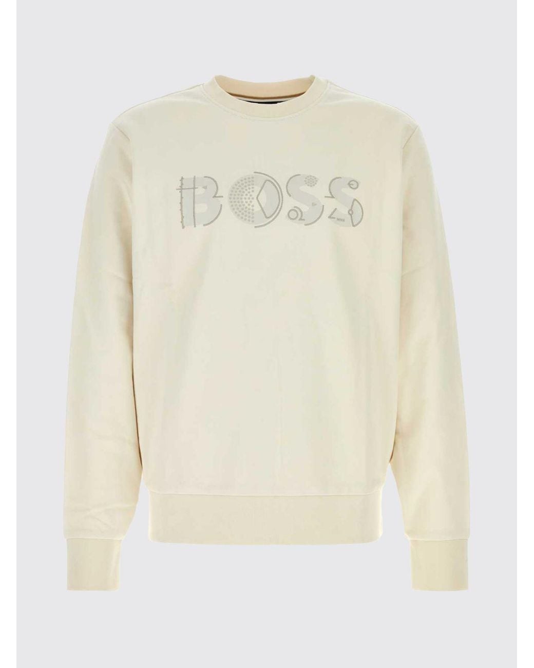 Boss White Printed Logo Cotton Crewneck Sweatshirt With Ribbed Trims for men