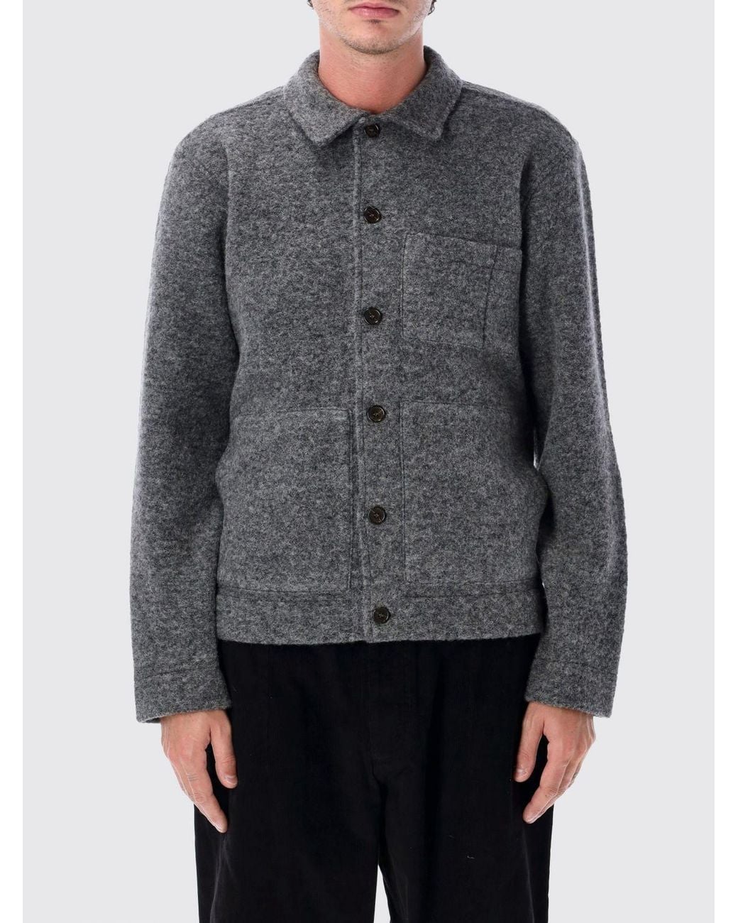 Universal Works Gray Wool-Blend Shirt Jacket With Patch Pockets And Classic Collar for men