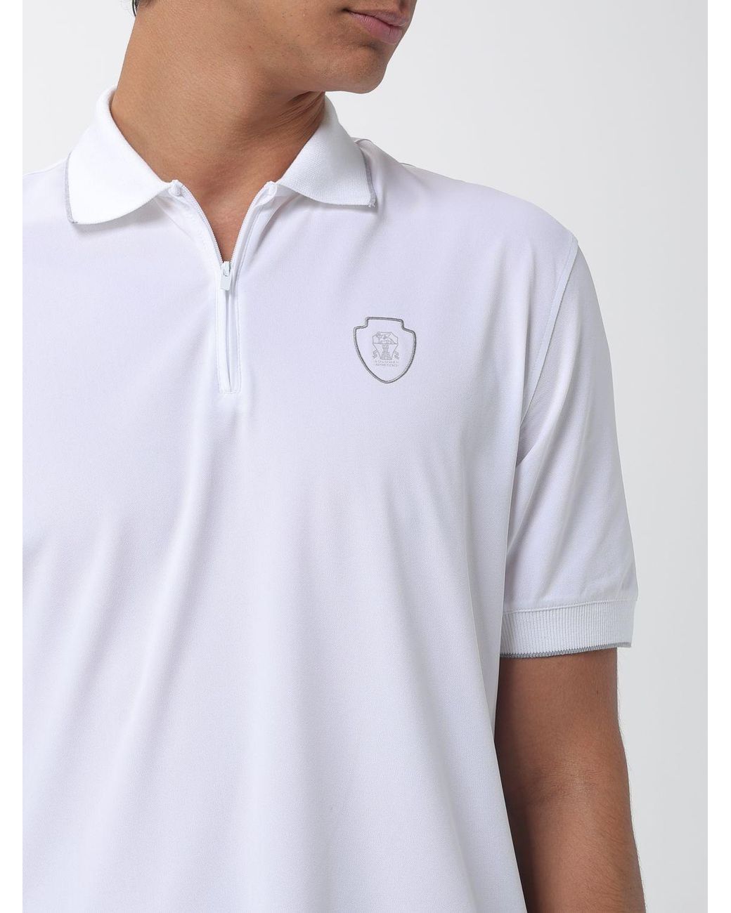 Brunello Cucinelli White Stretch Technical Fabric Zip Polo Shirt for men