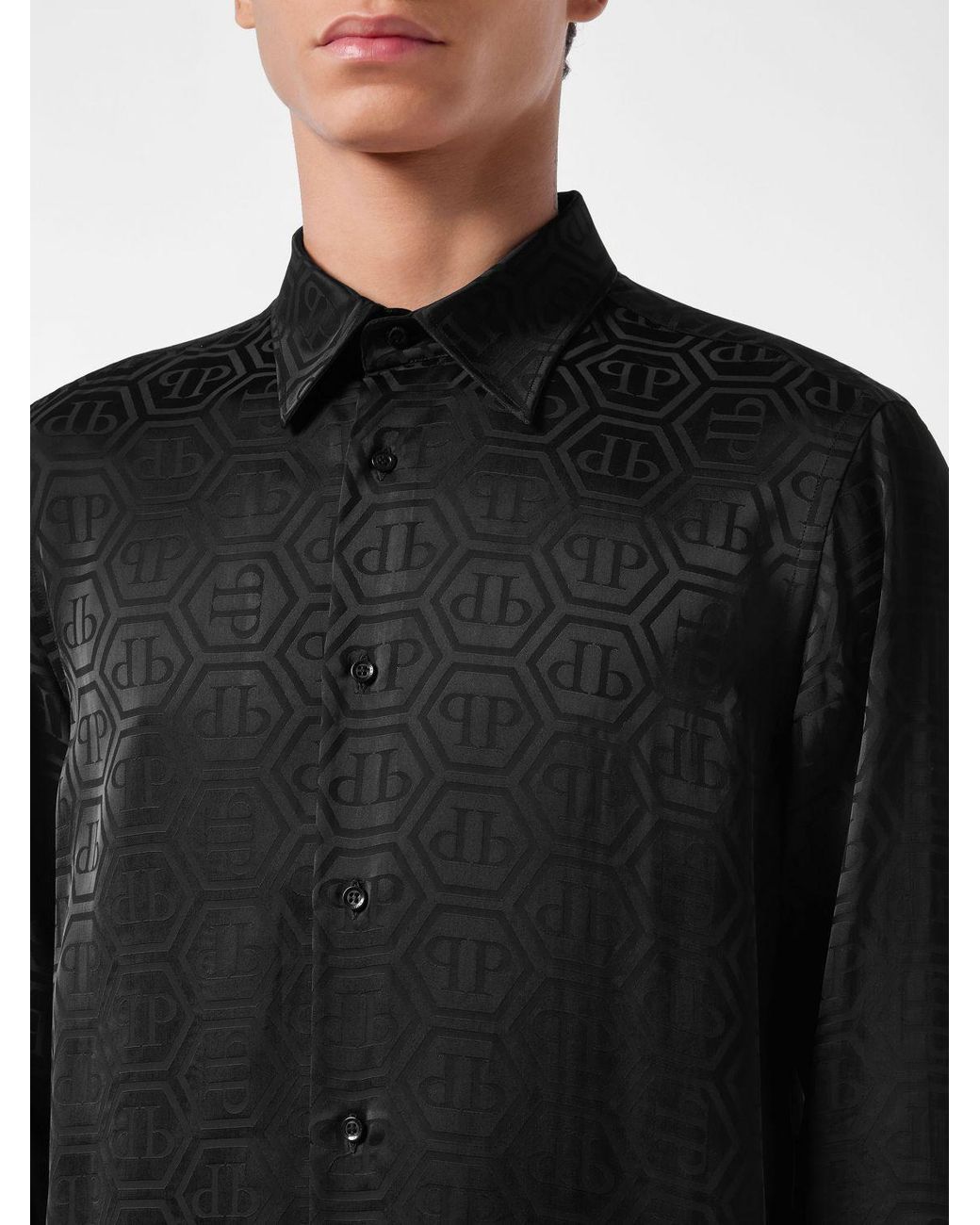 Philipp Plein Black Silk Shirt With All-Over Monogram Print And Hexagon Logo for men