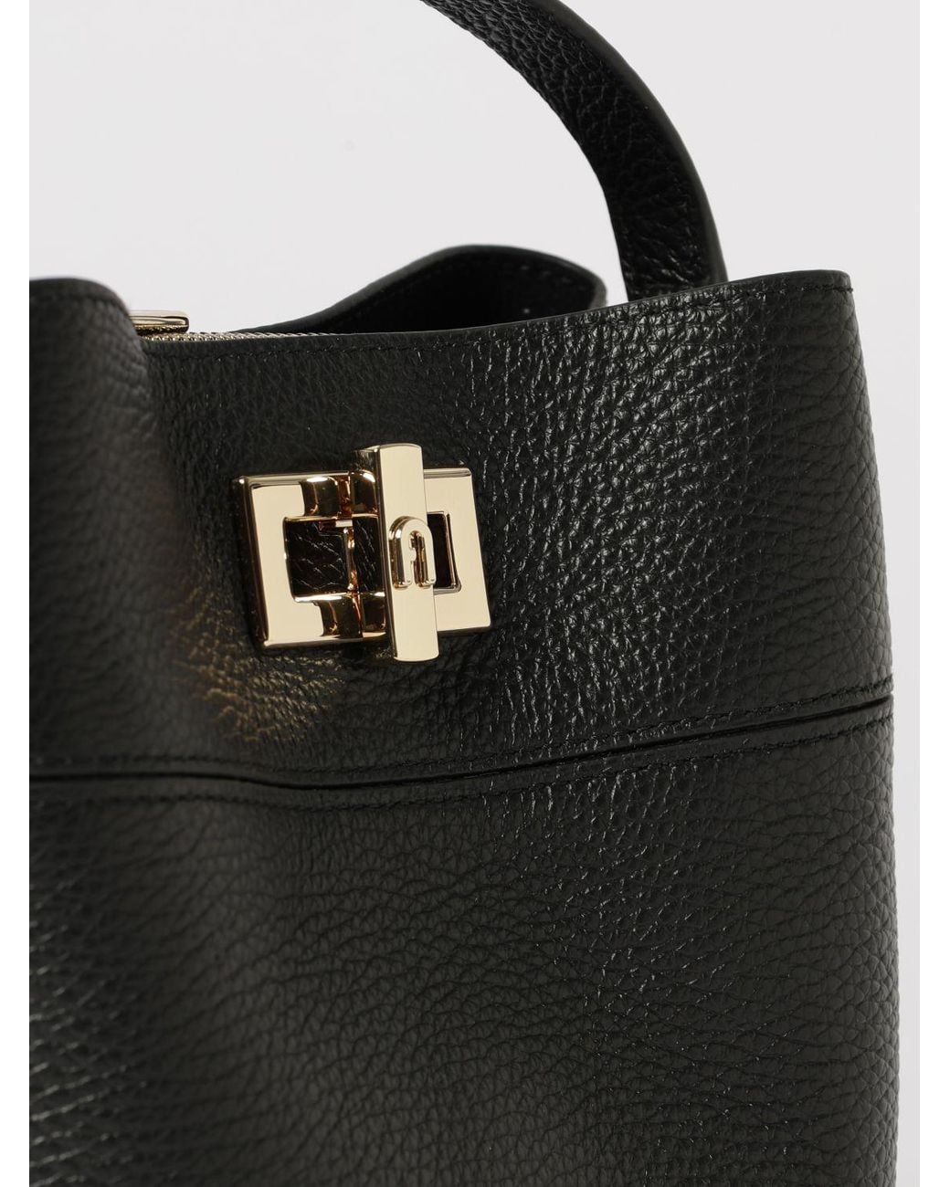 Furla Black Amelie Mini Leather Bucket Bag By With Turn-Lock Closure