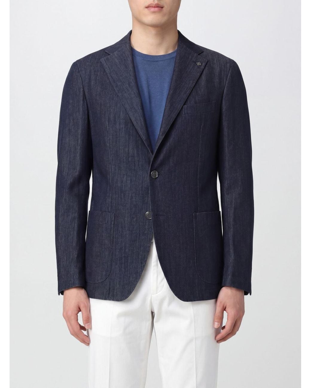 Tagliatore Blue Single-Breasted Cotton Blazer With Notch Lapels And Patch Pockets for men