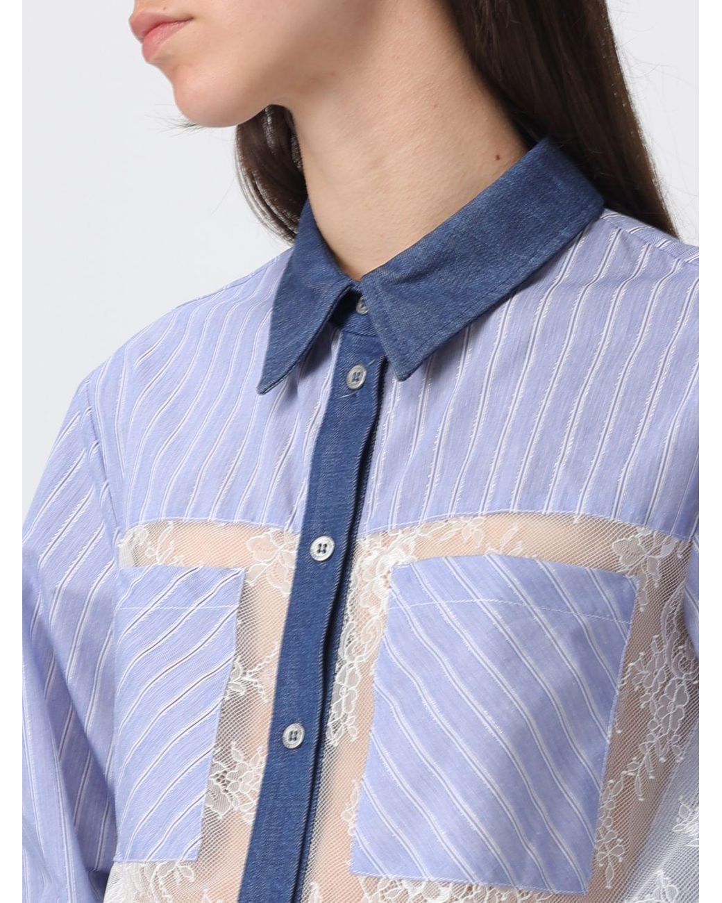 Liu Jo Blue Cotton Blend Shirt With Lace Inserts