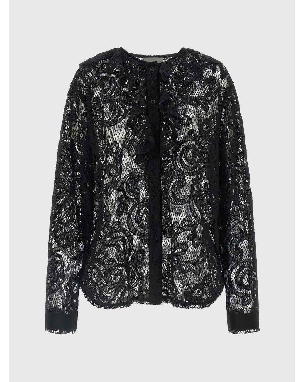 Nude Blue Long-Sleeved Embroidered Lace Blouse With Ruffles And Crew Neck