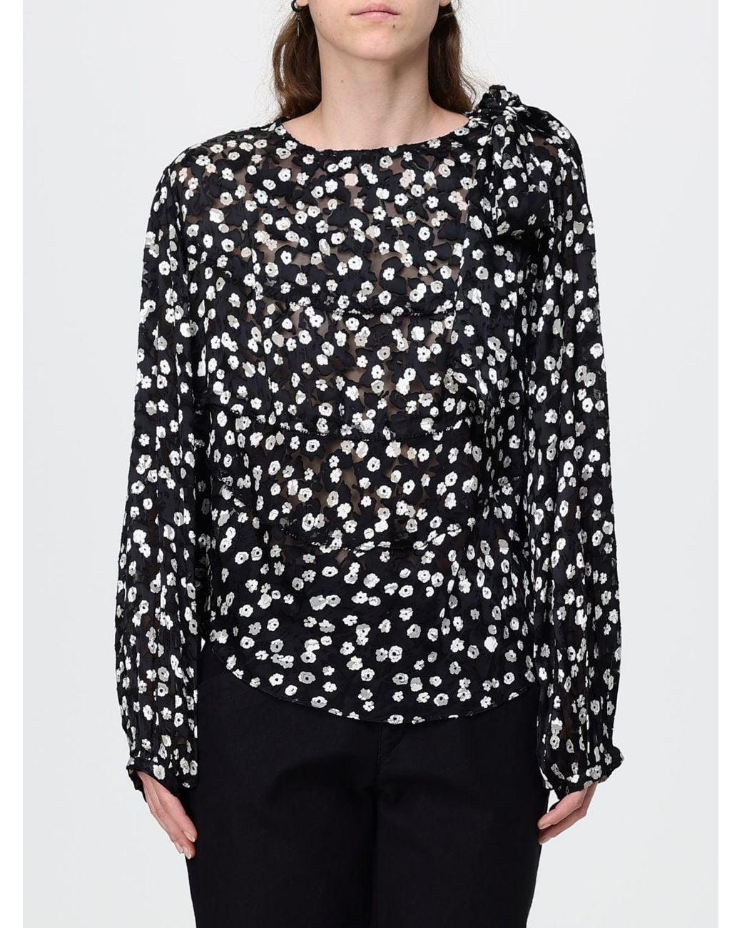 Isabel Marant Black Firma Floral Print Silk Blend Blouse With Long Sleeves