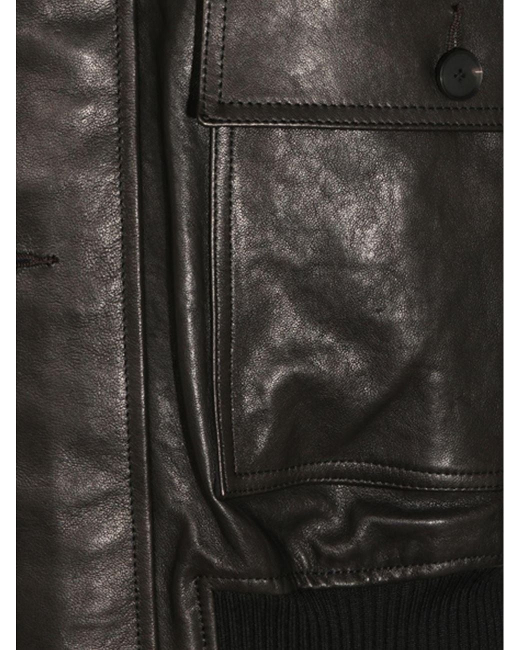 Auralee Black Leather Bomber Jacket With High Collar And Flap Pockets for men