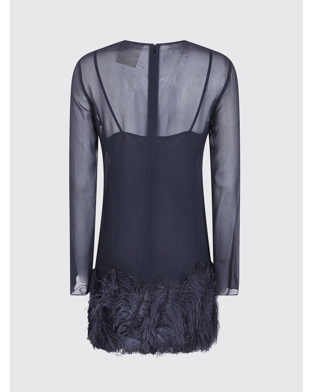 Semicouture Blue Long-Sleeved Chiffon Mini Sheath Dress With Feathers