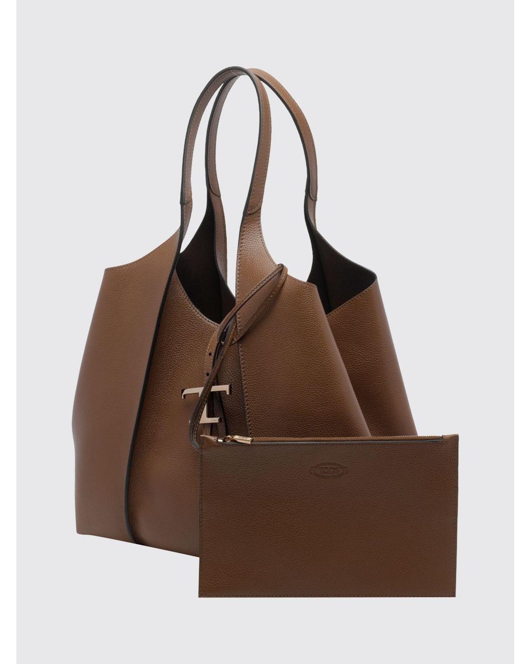 Tod's Brown T Timeless Grained Calfskin Leather Shoulder Bag With Removable Pouch