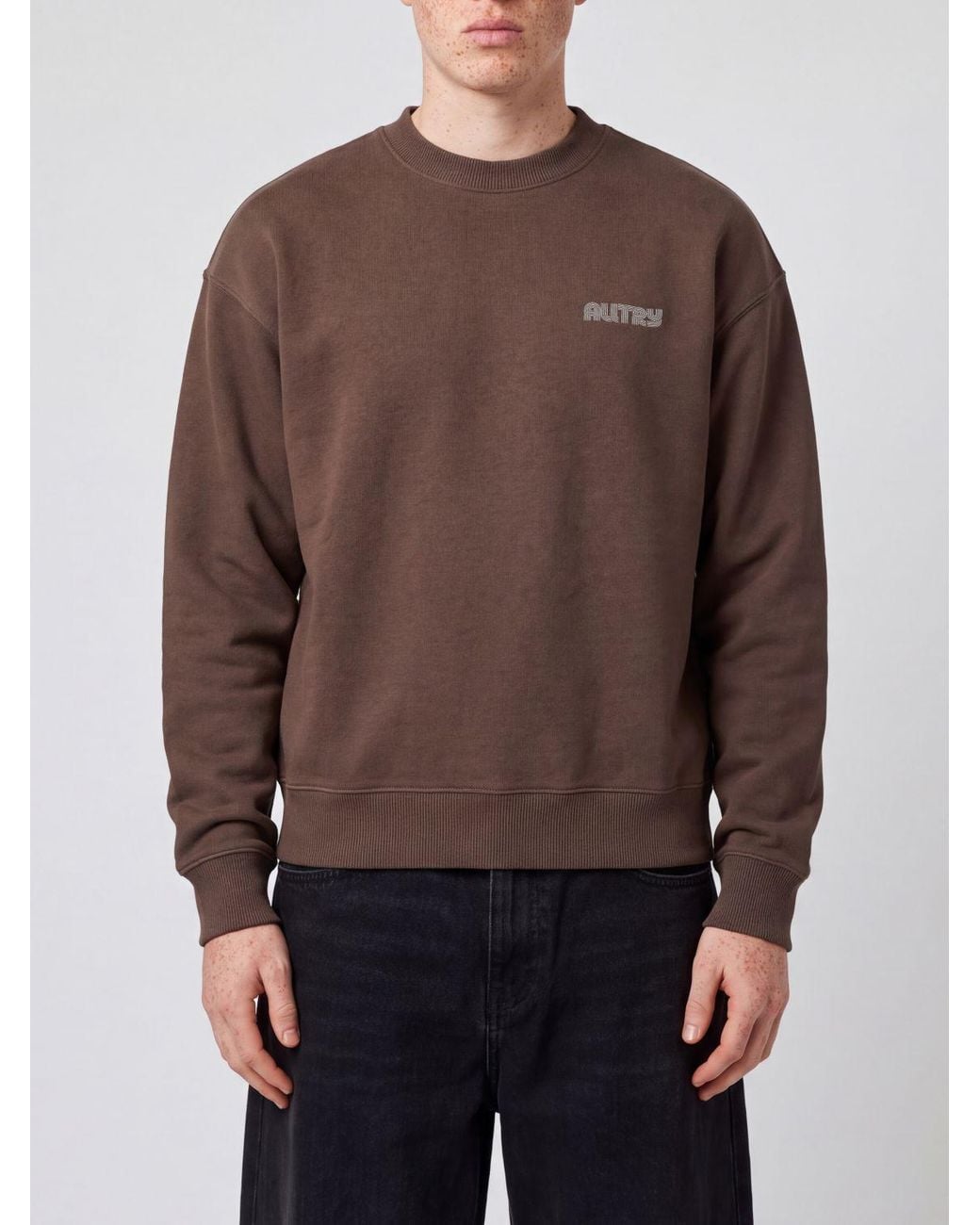 Autry Brown Cotton Crewneck Jumper With Contrast Logo And Dropped Shoulders for men