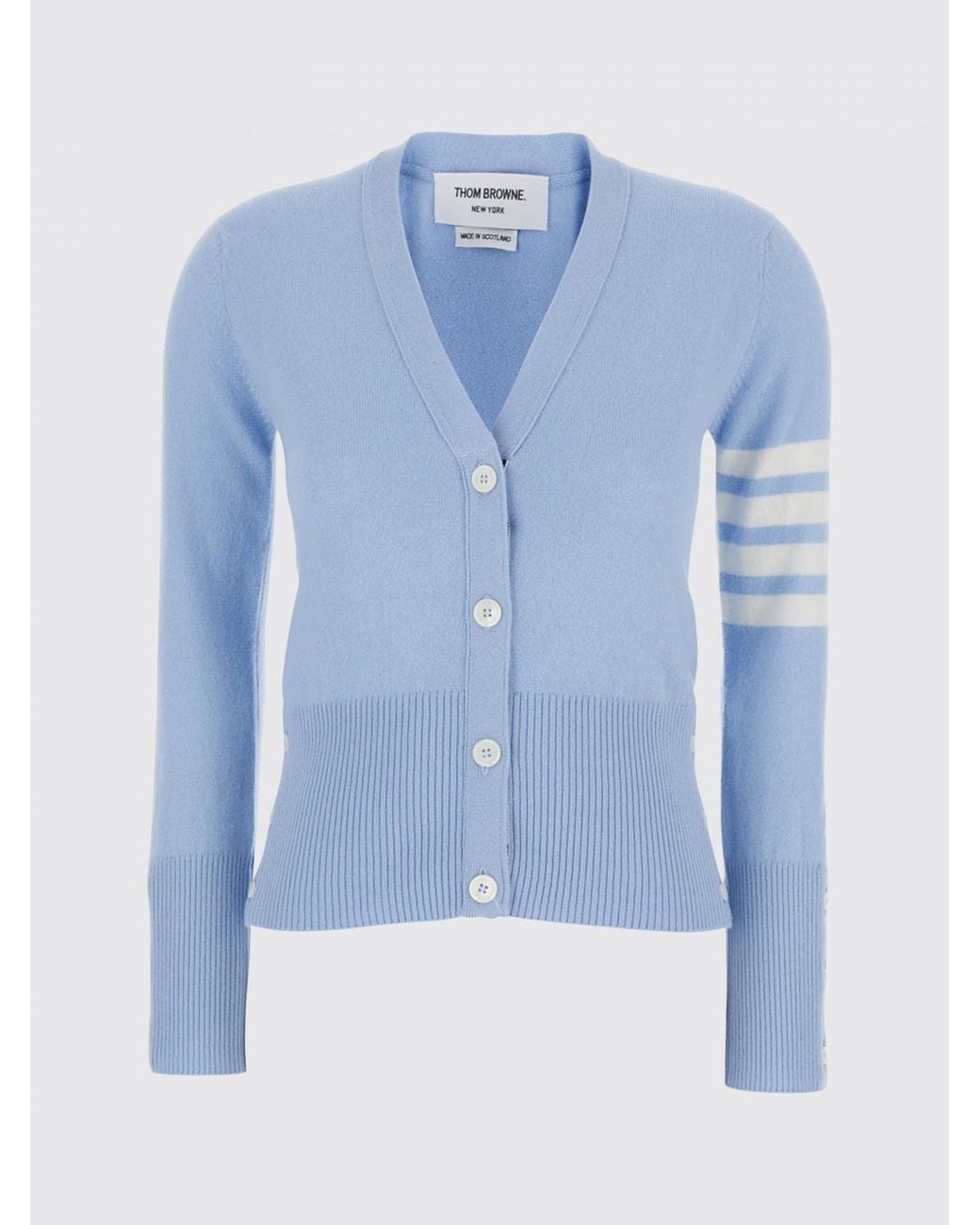 Thom Browne Blue V-Neck 100% Cashmere Cardigan With 4-Bar Detail
