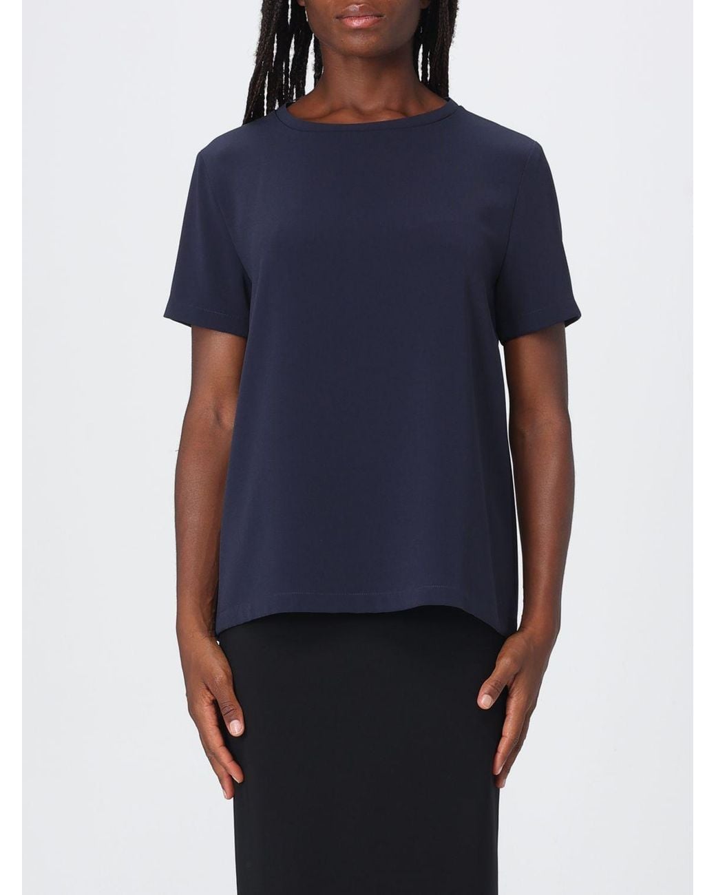 Max Mara Blue Crew Neck Short-Sleeved Satin Top