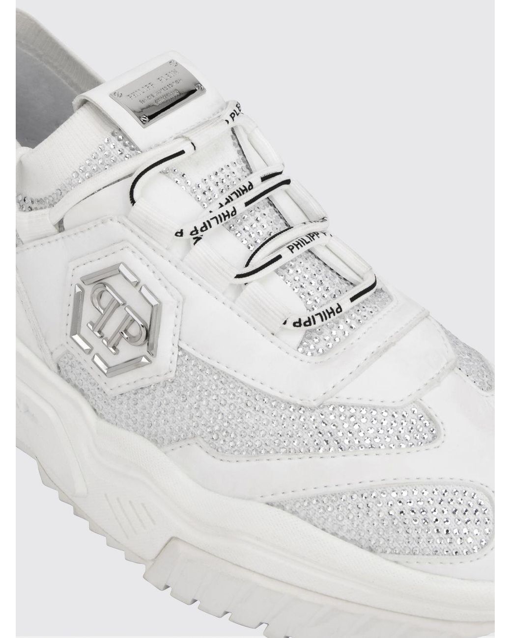Philipp Plein White Low-Top Leather And Stretch Viscose Sneakers With Monogram And Rhinestones for men