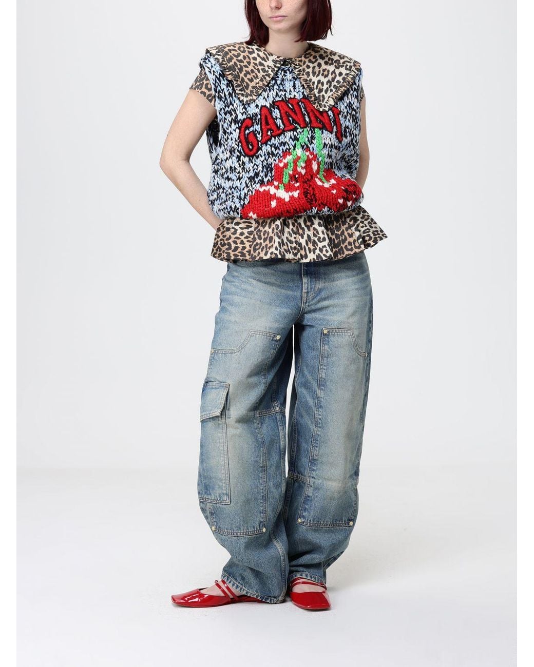 Ganni Brown Organic Cotton Shirt With Animal Print