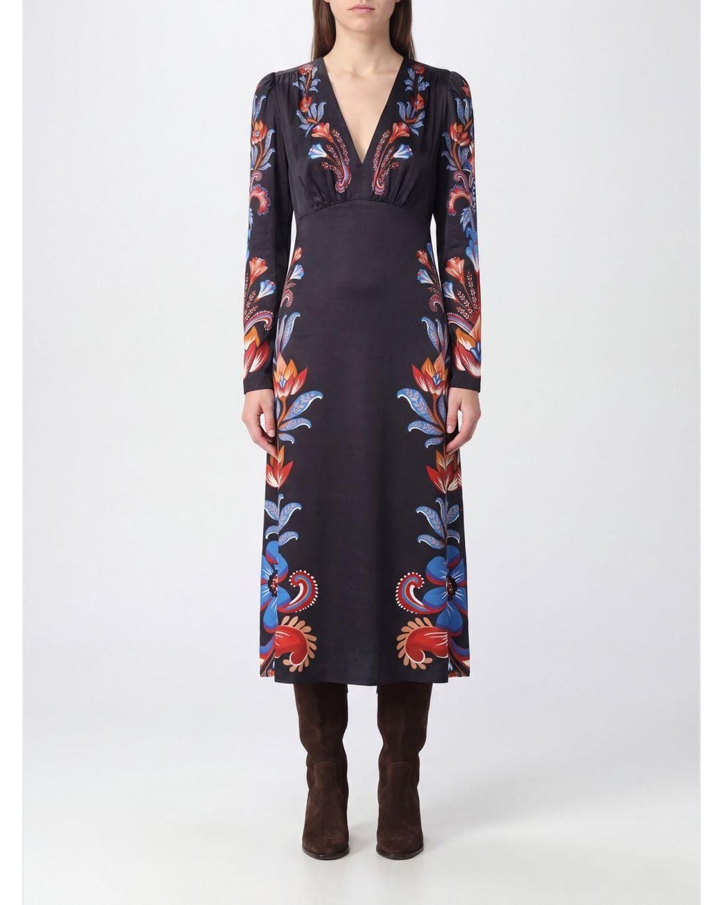 Farm Rio Blue Energy Floral Print Viscose Midi Sheath Dress With V-Neck