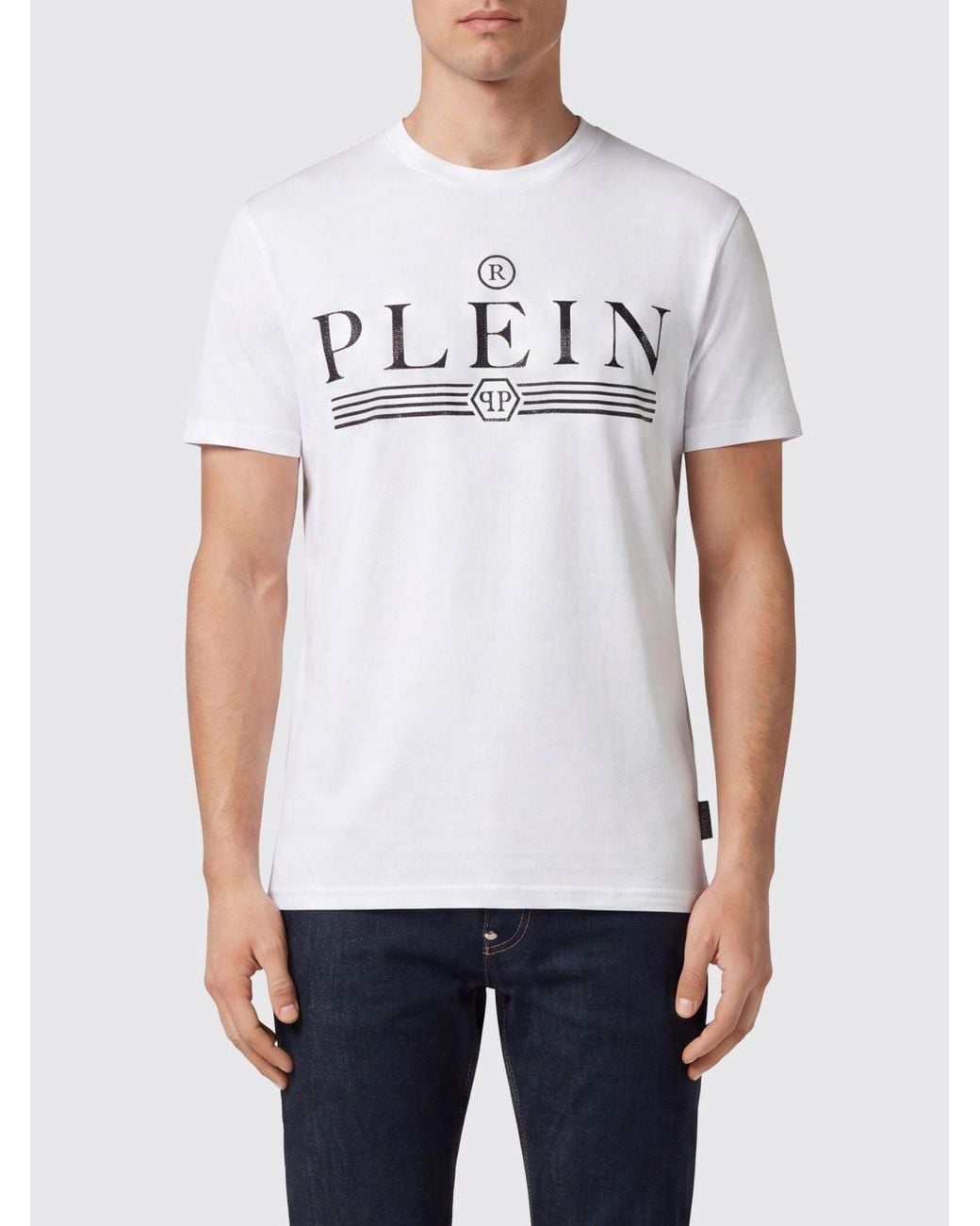Philipp Plein White Cotton Crew Neck T-Shirt With Rhinestone Logo Lettering for men