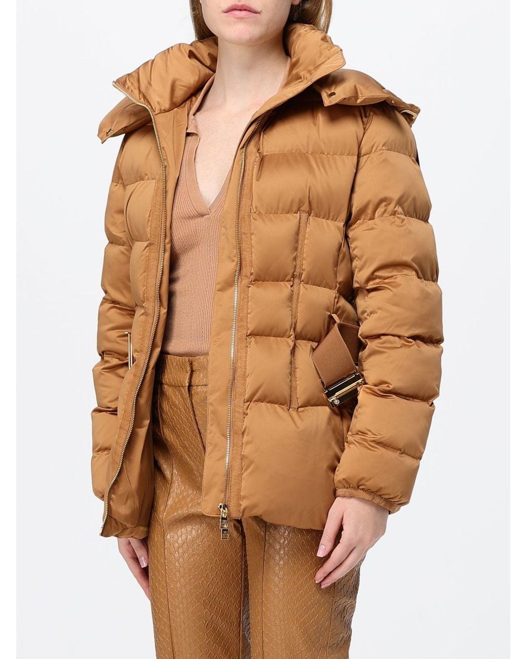Elisabetta Franchi Brown Short Quilted Puffer Jacket With Removable Hood And Belt