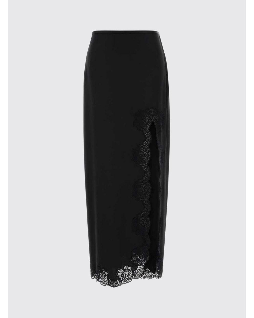 Valentino Garavani Black Silk Midi Pencil Skirt With Lace Inserts And Front Slit