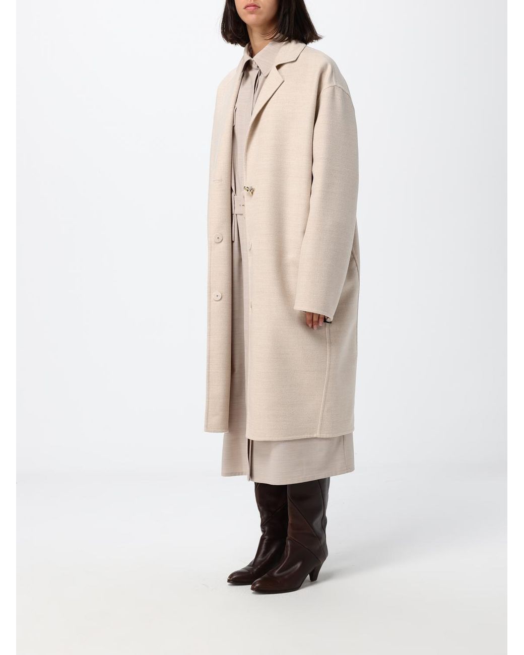 Fabiana Filippi Natural Long Single-Breasted Virgin Wool Coat With A Relaxed Fit