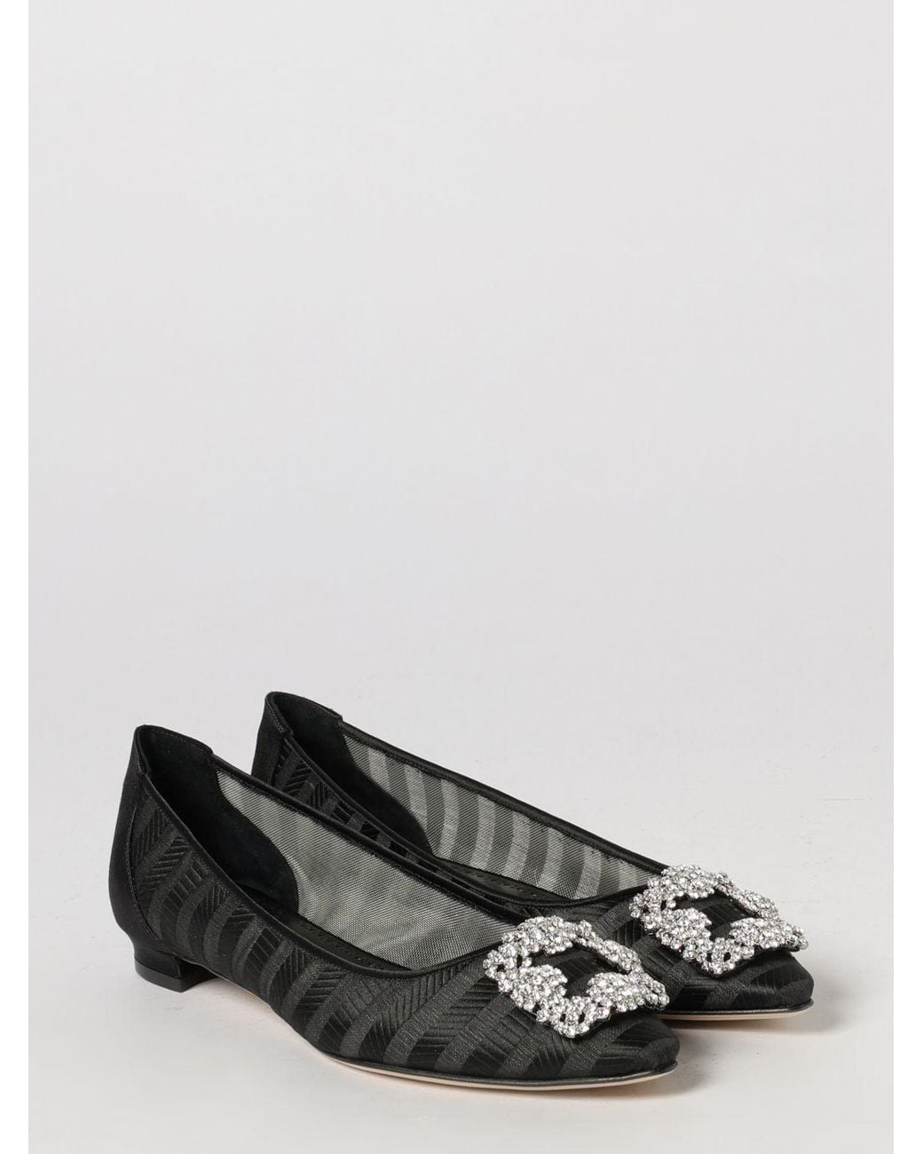 Manolo Blahnik White Hangisilaflat Silk Organza Ballet Flats With Jewelled Buckle
