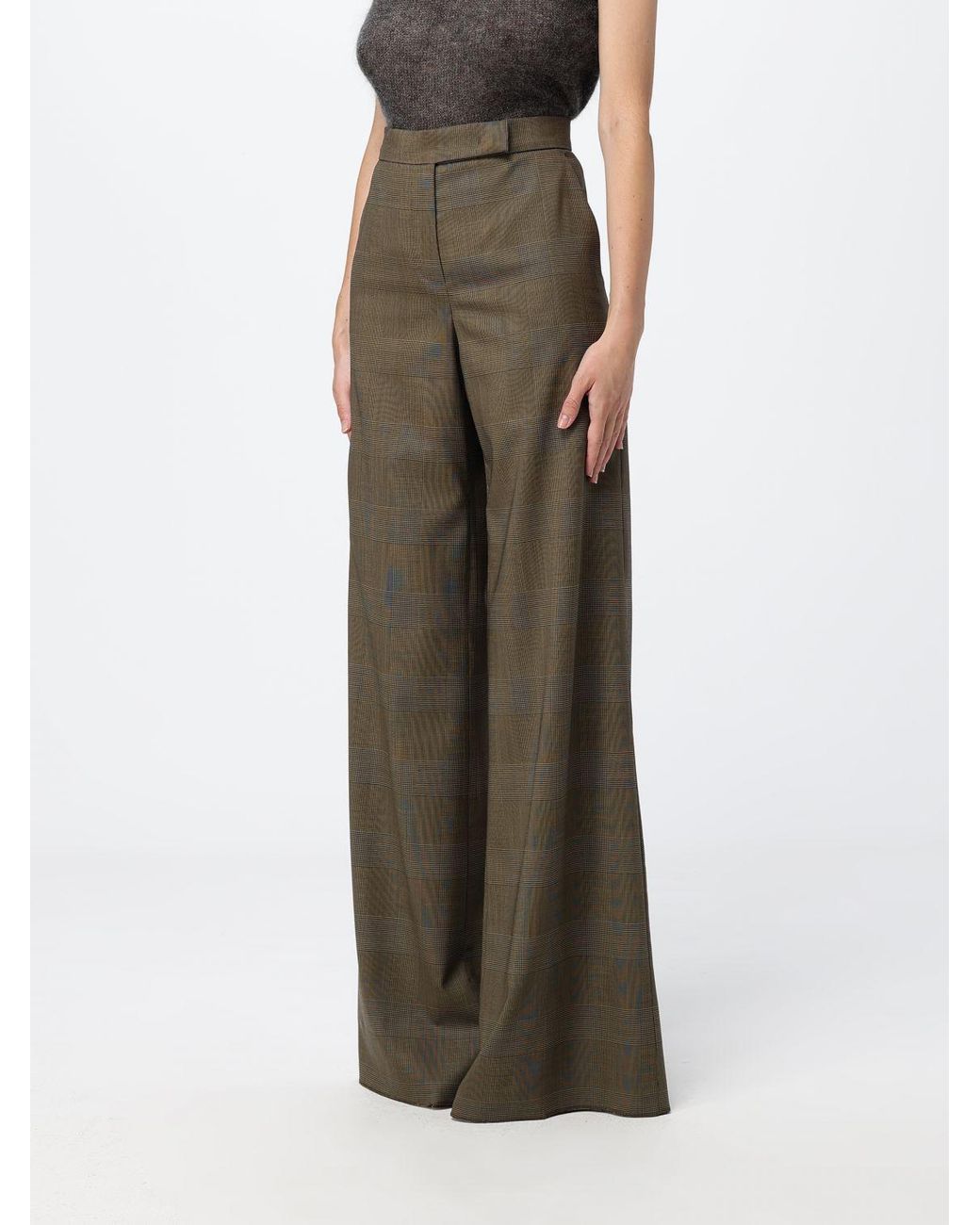Max Mara Green Prince Of Wales Check Wool Flare Trousers