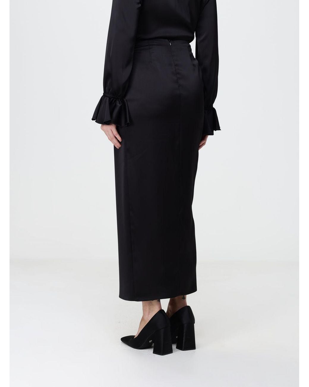 Hanita Black Draped High-Waisted Satin Long Pencil Skirt
